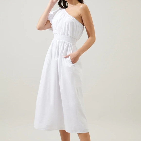 Sugarlips Bridgette One Shoulder Balloon Sleeve Poplin Midi Dress Size Small - Picture 3 of 12